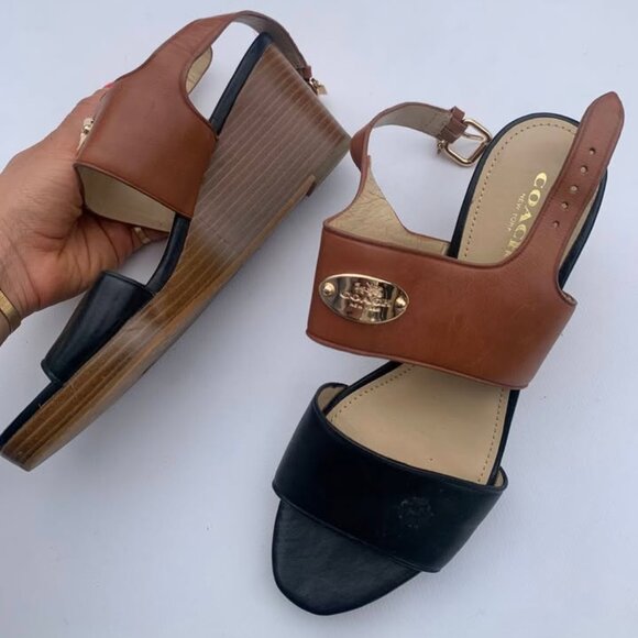 Coach Hendrick Wedge Sandals โ Black & Tan Leather โ Size 7 - Picture 3 of 4